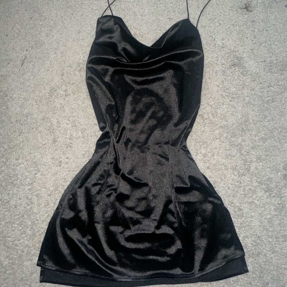 NEW NEVER WORN Zaful Black Spaghetti Strap Cowl Neck Satin Slip Dress
